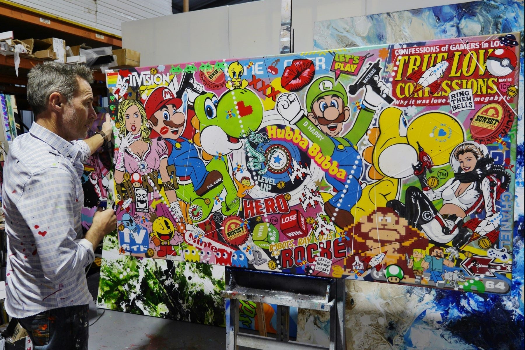 Level Up 190cm x 100cm Mario Brothers Textured Urban Pop Art Painting (SOLD)