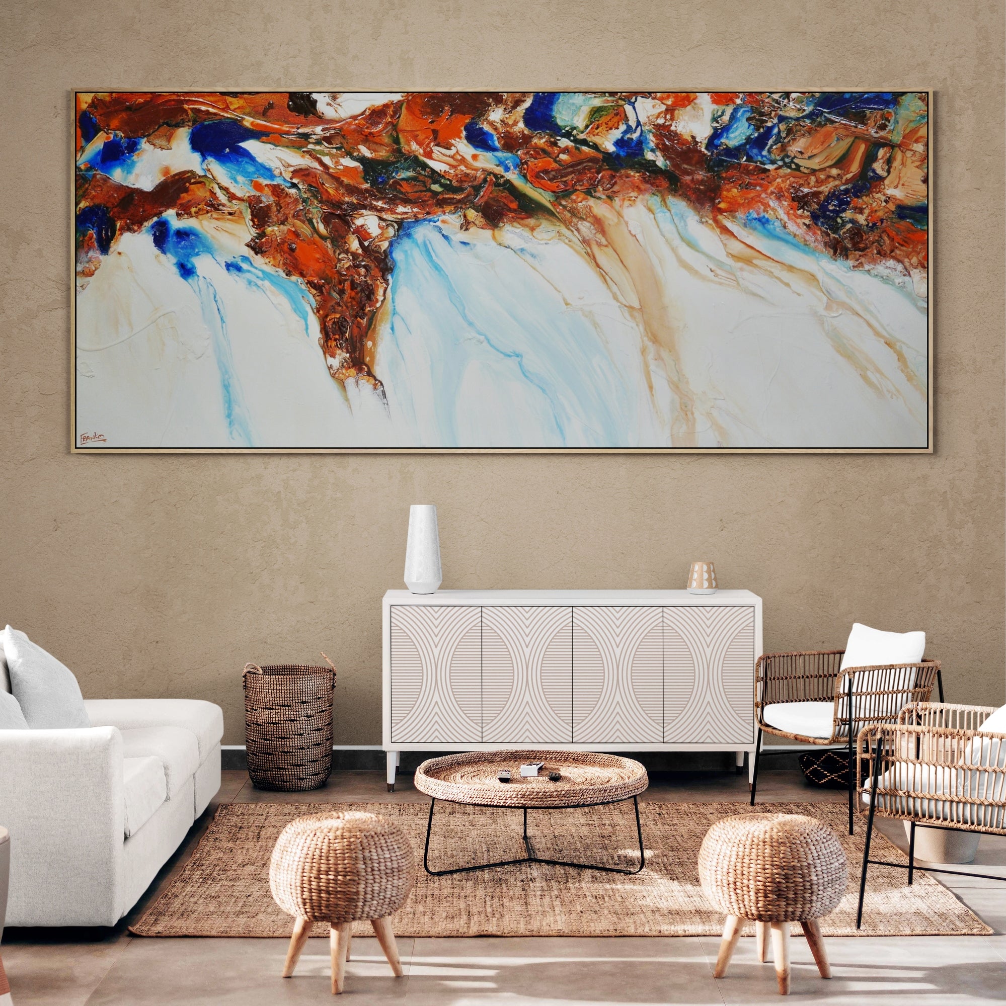 Sapphire Blue Coast 240cm x 100cm White Blue Ochre Textured Abstract Painting-Abstract-Franko-[huge]-[Australian]-[best Selling]-Franklin Art Studio