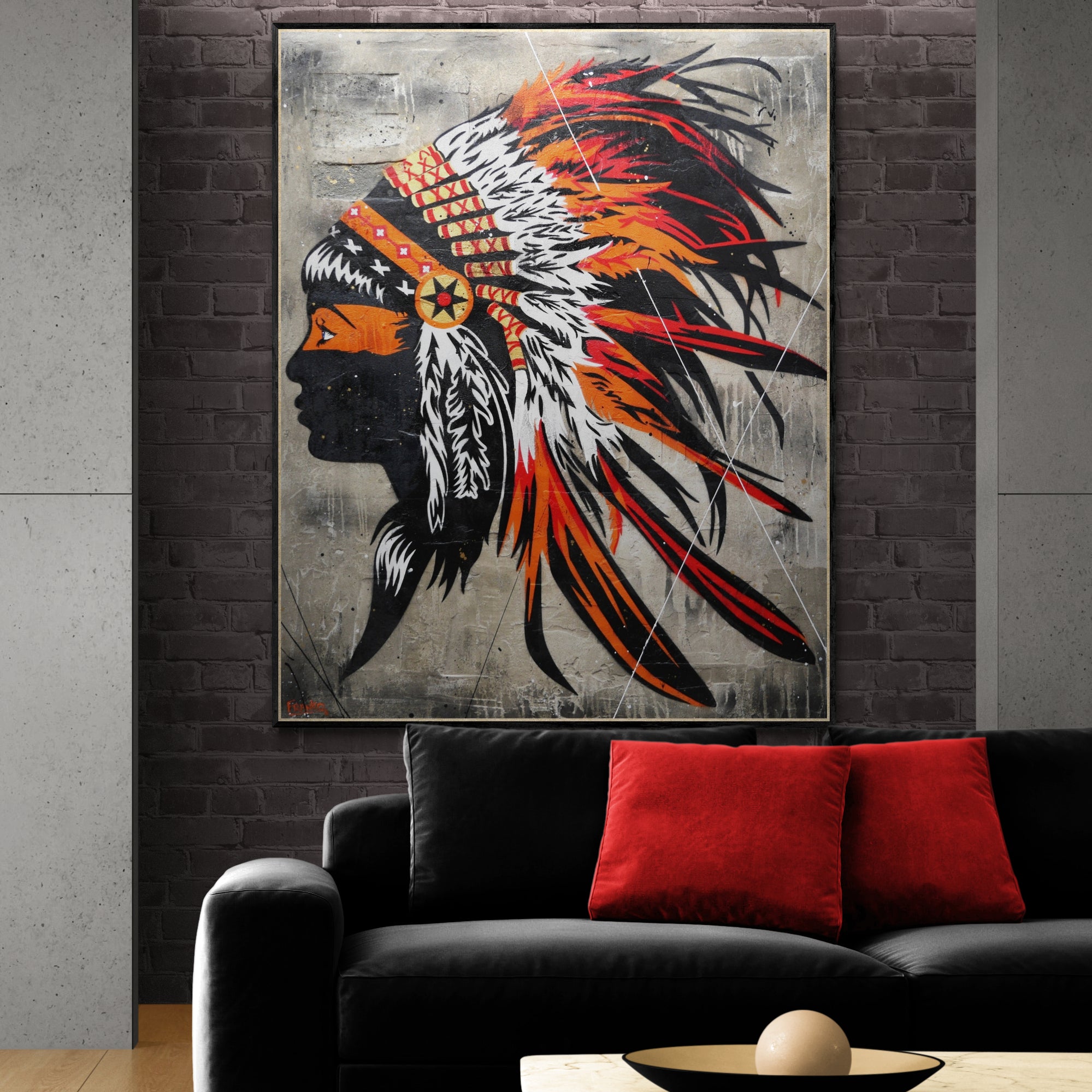 Orange Feathers 120cm x 150cm Indian Headdress Concrete Textured Urban Pop Art Painting-Urban Pop Art-[Franko Artist]-[The Block]-[Dream Homes]-[ideas]-Franklin Art Studio