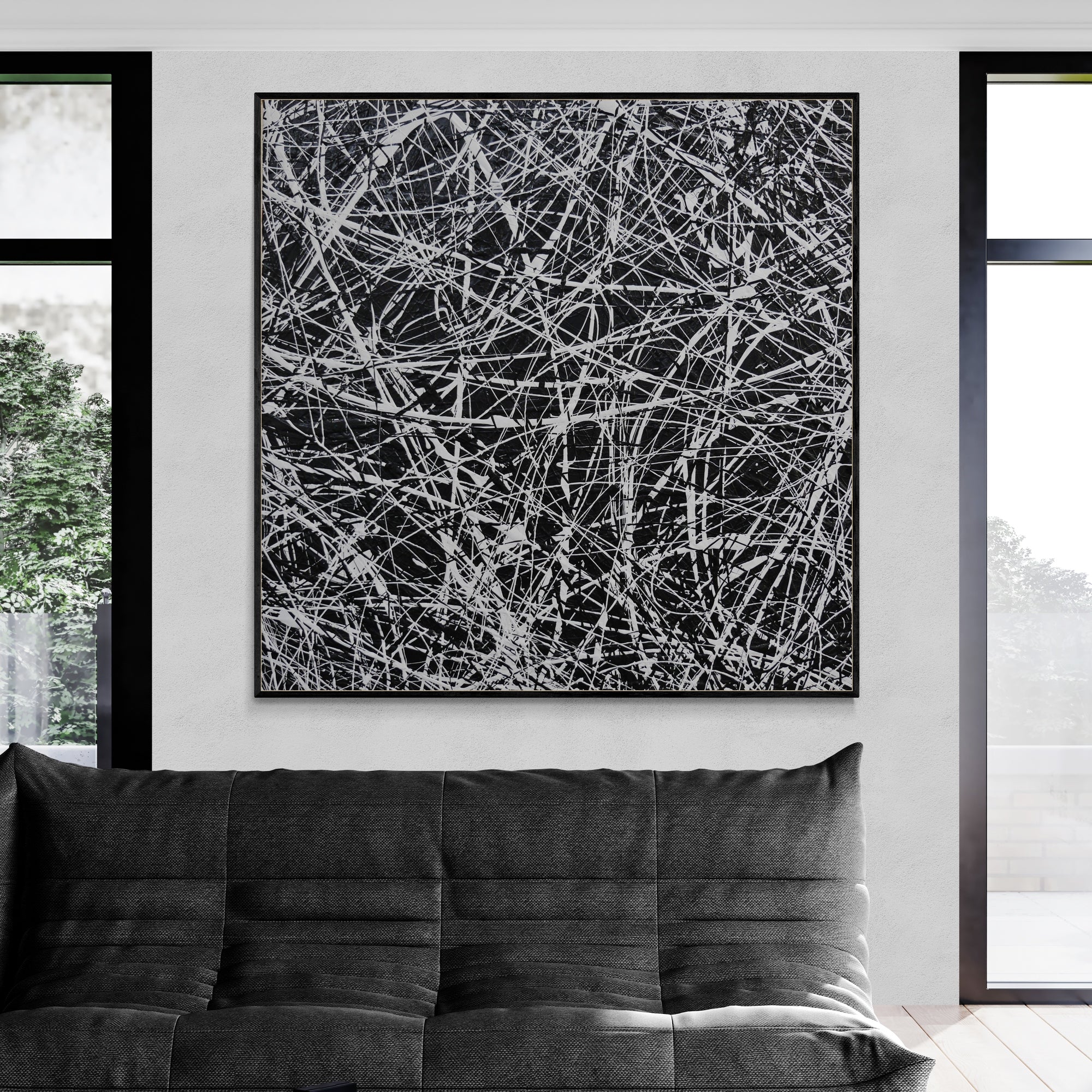 Frozen Squared 150cm x 150cm Black White Textured Abstract Painting-Abstract-Franko-[huge]-[Australian]-[best Selling]-Franklin Art Studio