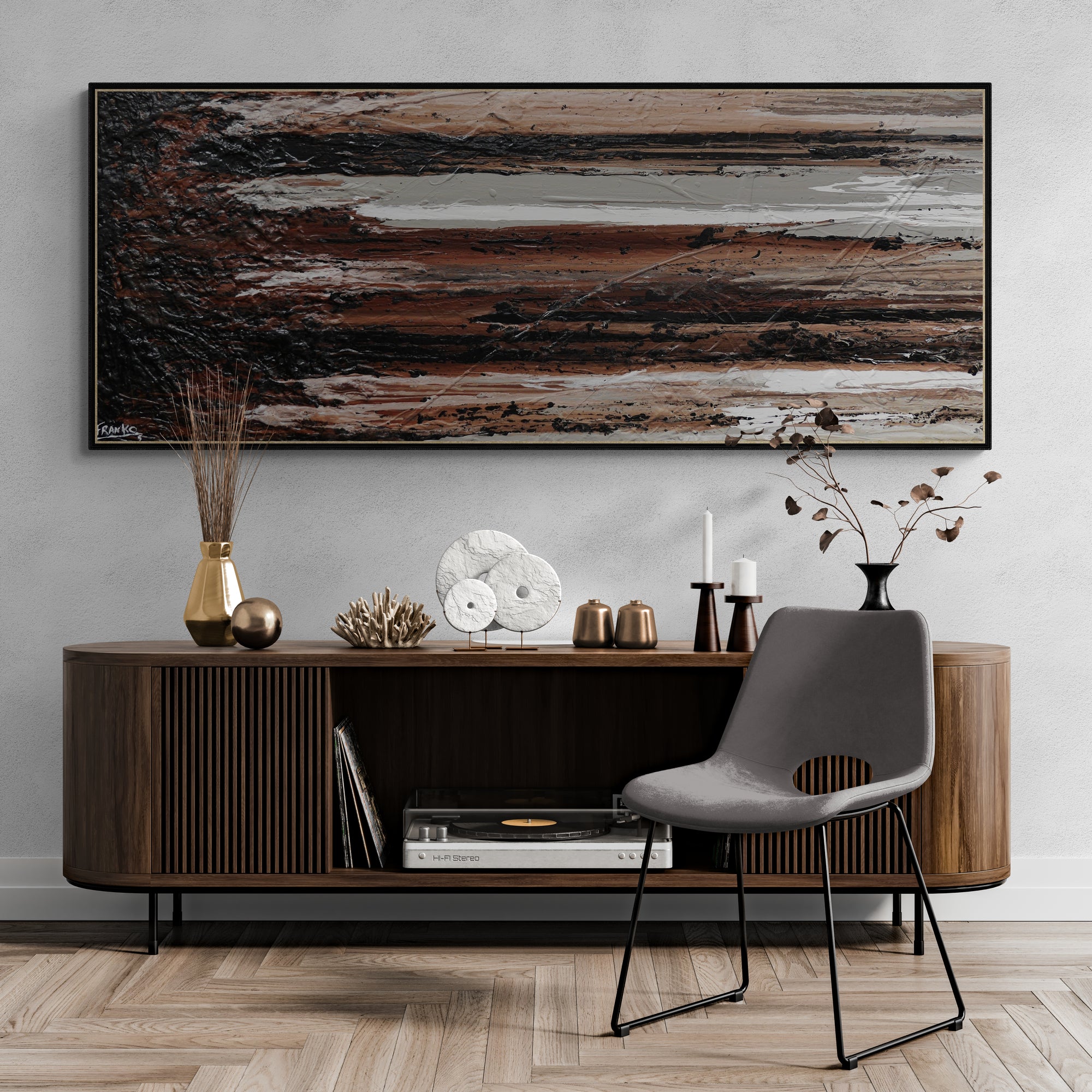 Perfectly Tuned 200cm x 80cm Brown White Black Rust Grey Textured Abstract Painting