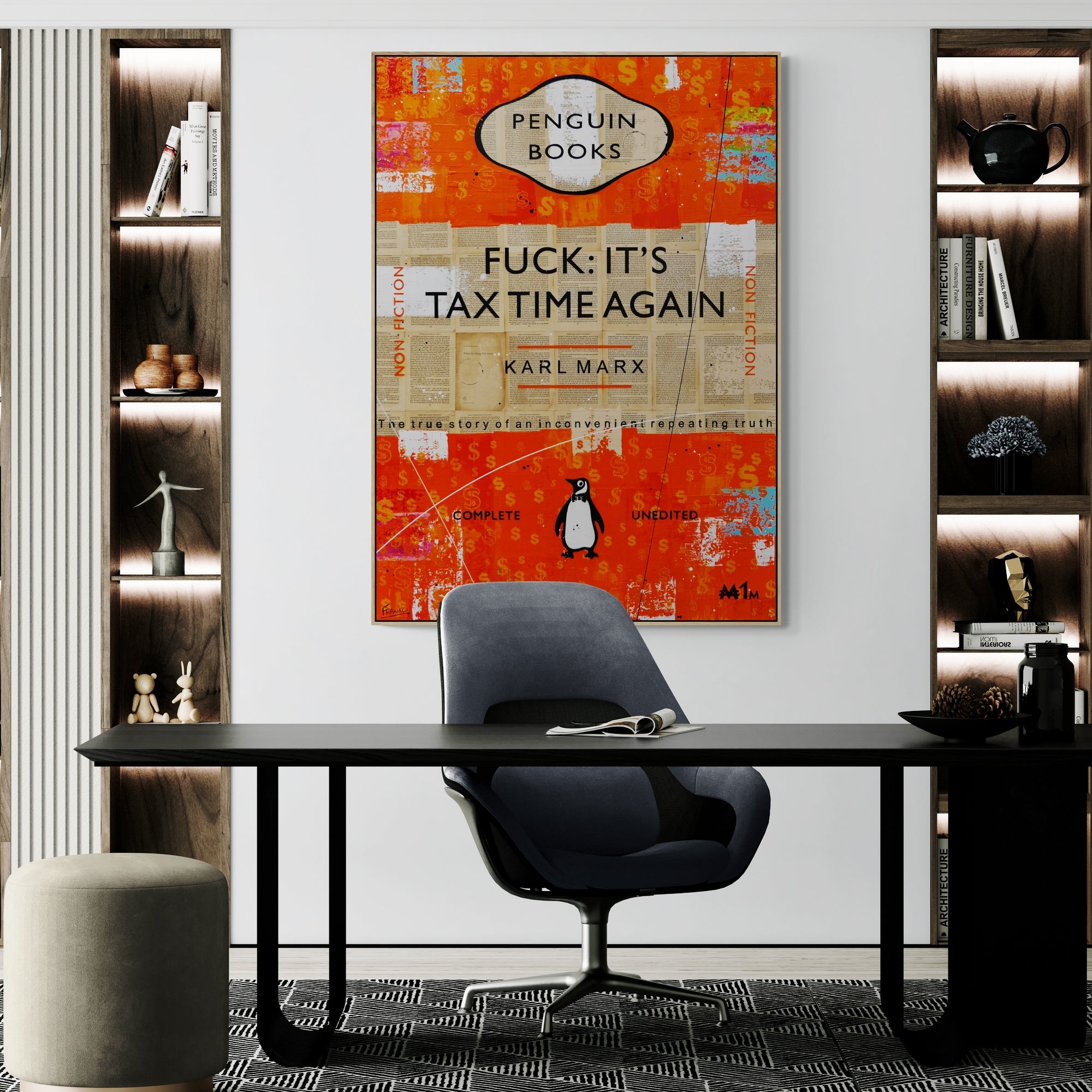 Neverending Story 140cm x 100cm Tax Time Urban Pop Book Club Painting (SOLD)-book club-[Franko_Artist]-[Australian_artist]-[Gold_Coast]-[Brisbane]-[modern]-[contemporary]-[original]-[Large_artwork]-[The_Block]-[Dream_Homes]-[ideas]-[Grand_Designs]-[Art_Lover]-Franklin Art Studio