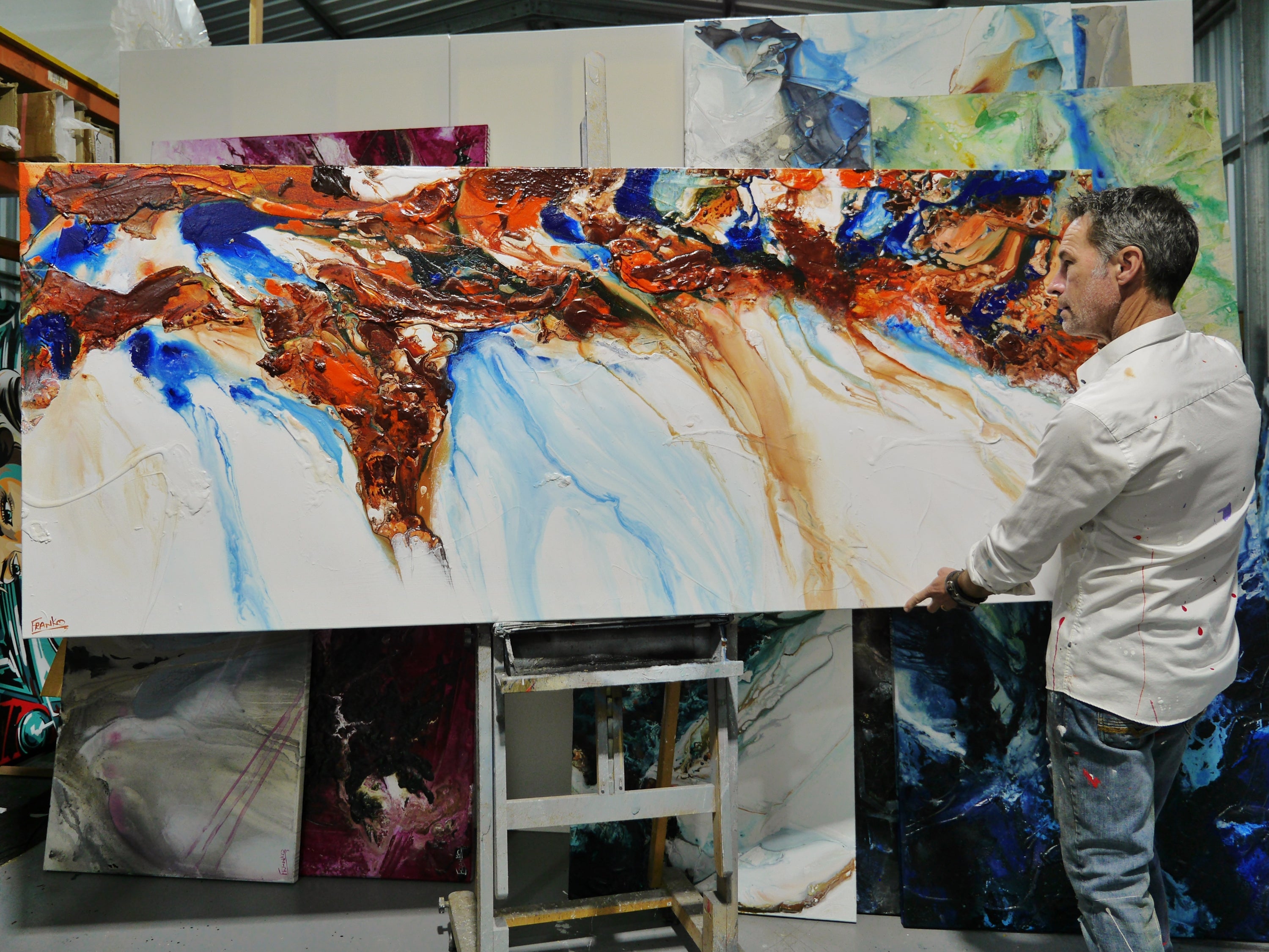 Sapphire Blue Coast 240cm x 100cm White Blue Ochre Textured Abstract Painting-Abstract-[Franko]-[Australian]-[Popular]-[Best Selling]-Franklin Art Studio