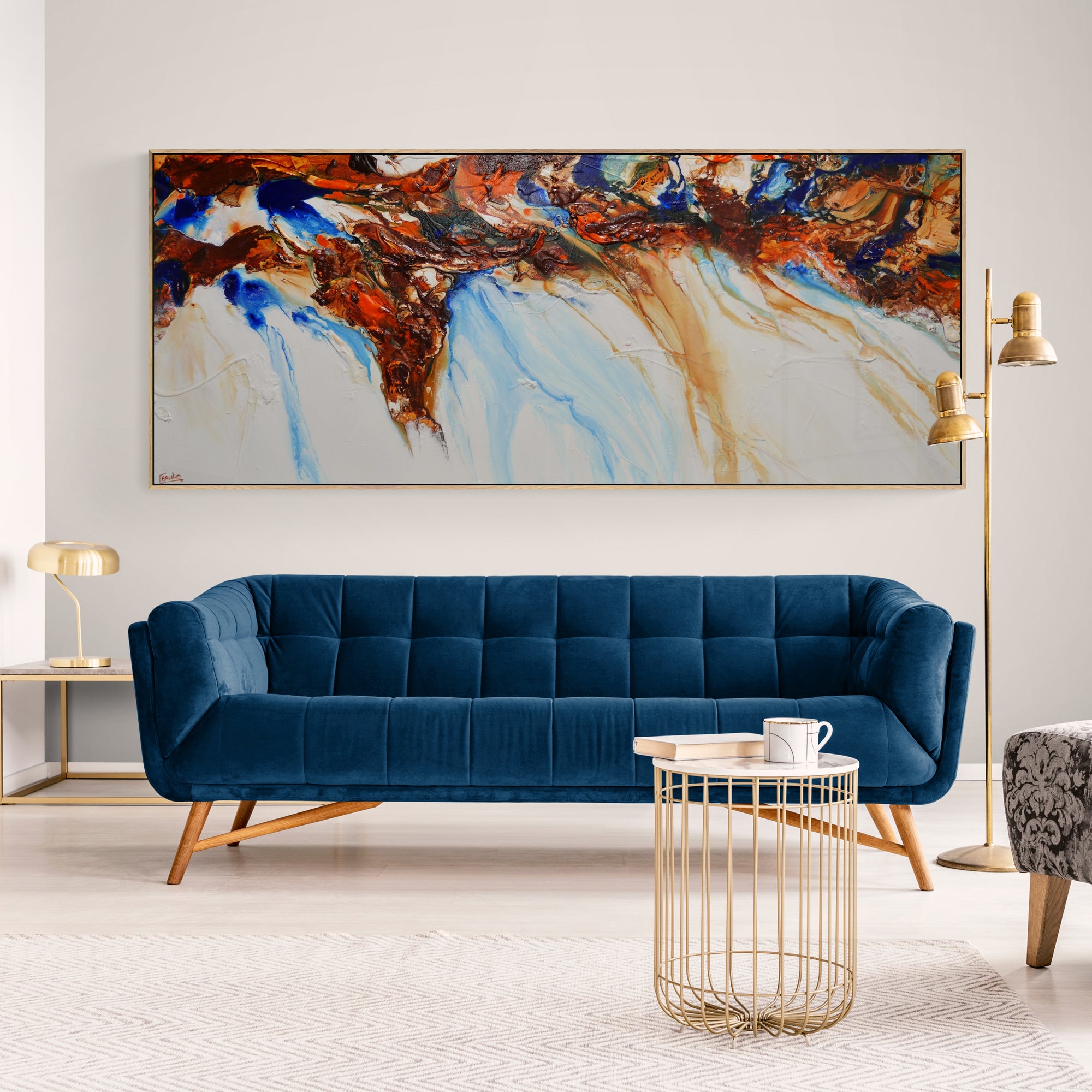 Sapphire Blue Coast 240cm x 100cm White Blue Ochre Textured Abstract Painting-Abstract-[Franko Artist]-[The Block]-[Dream Homes]-[ideas]-Franklin Art Studio
