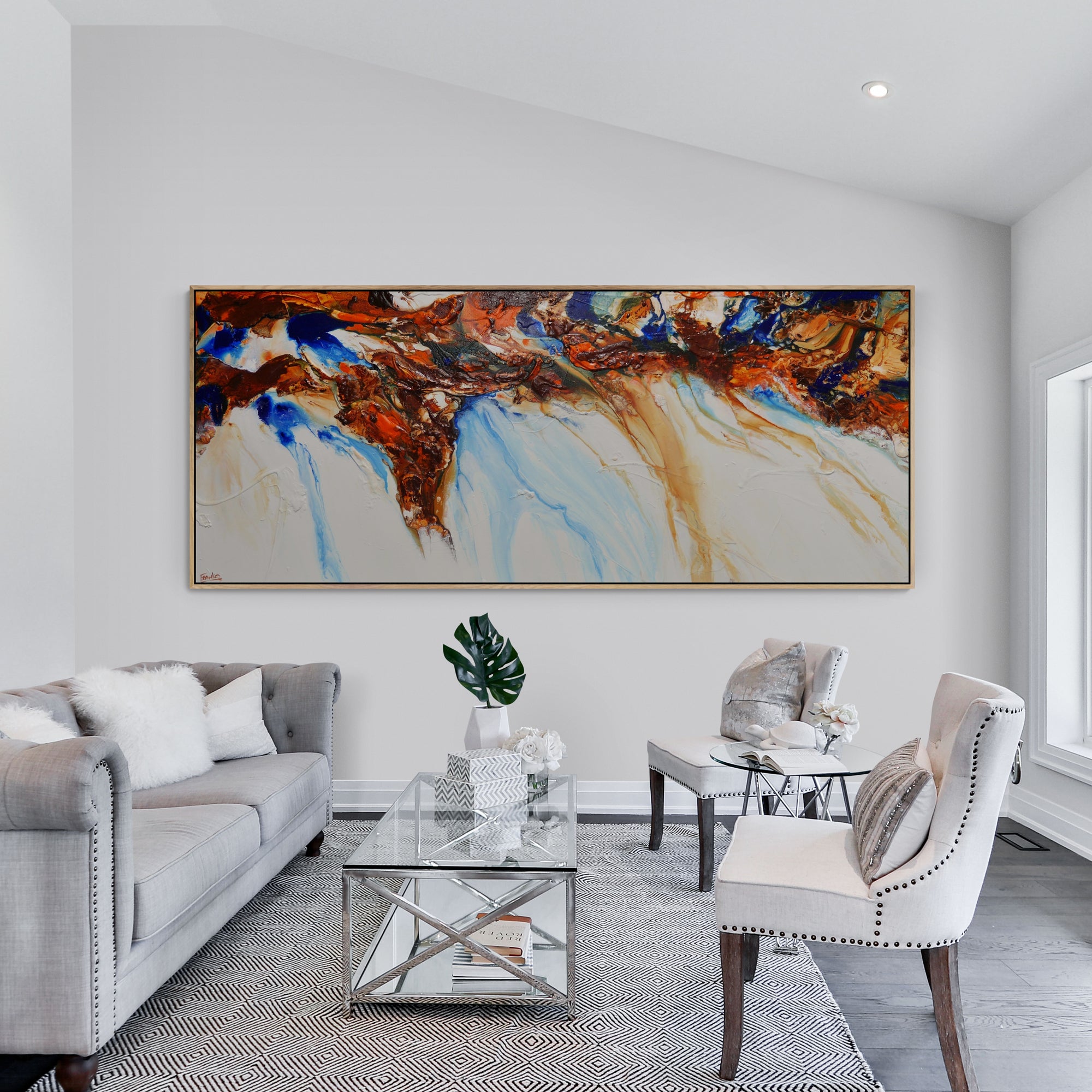 Sapphire Blue Coast 240cm x 100cm White Blue Ochre Textured Abstract Painting (SOLD)
