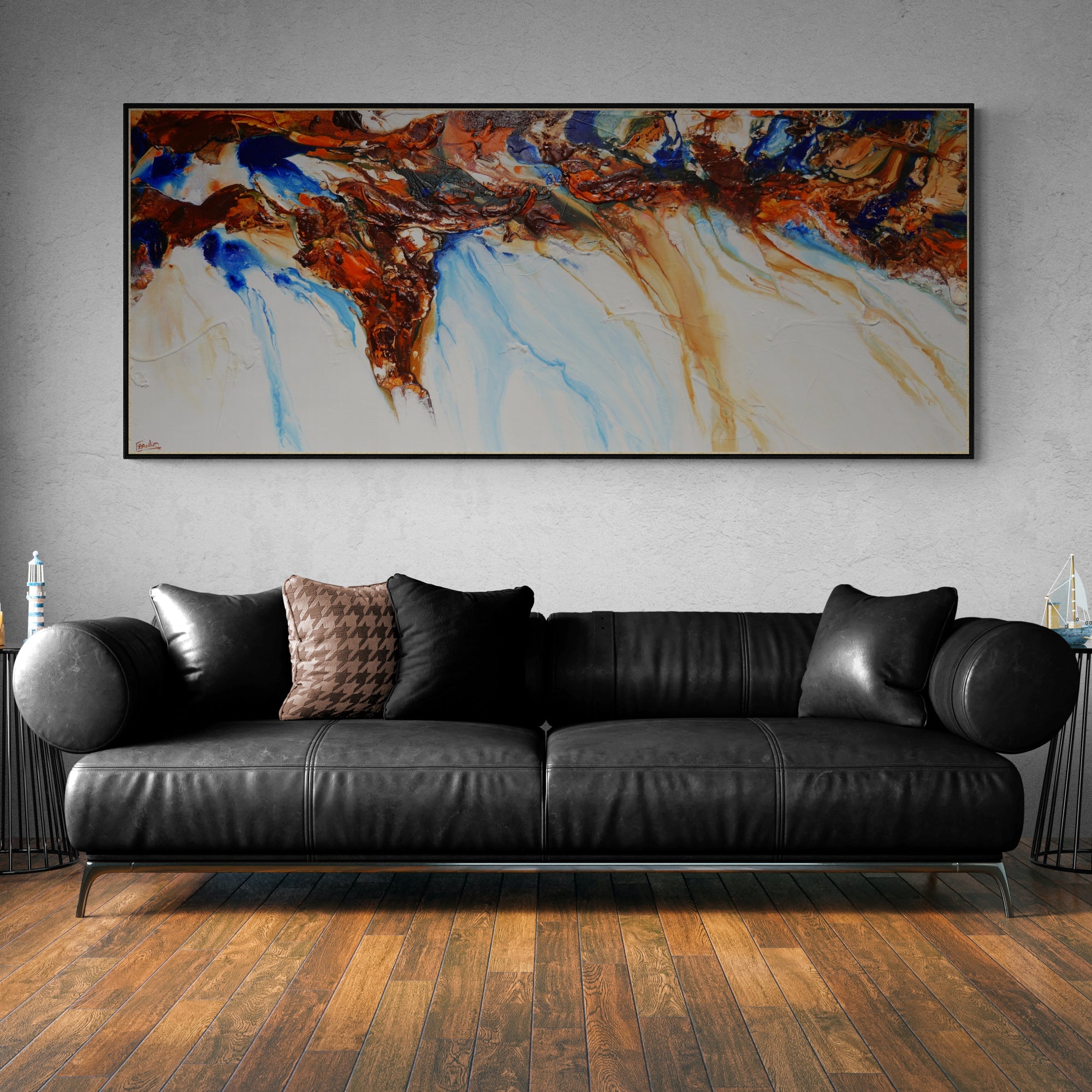 Sapphire Blue Coast 240cm x 100cm White Blue Ochre Textured Abstract Painting (SOLD)