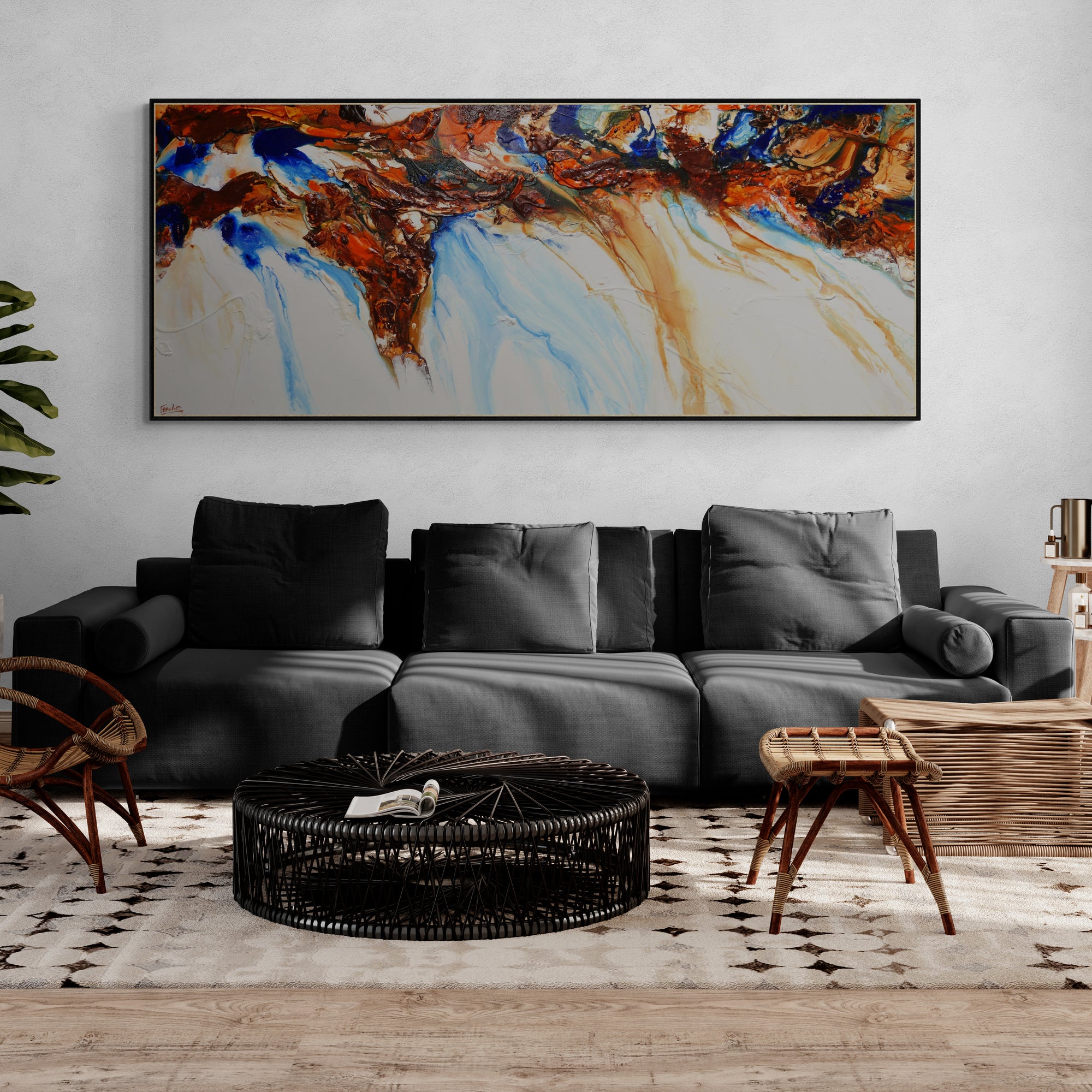 Sapphire Blue Coast 240cm x 100cm White Blue Ochre Textured Abstract Painting (SOLD)