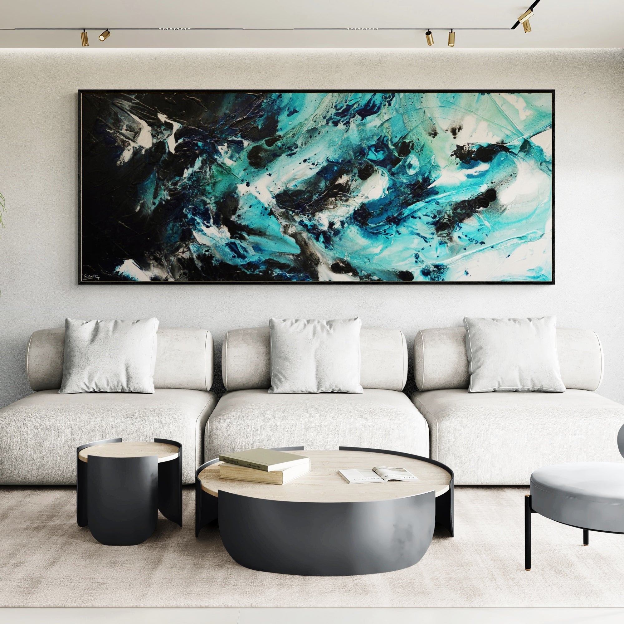 Southern Impact 240cm x 100cm Teal Black Textured Abstract Painting (SOLD)-Abstract-Franko-[huge]-[Australian]-[best Selling]-Franklin Art Studio