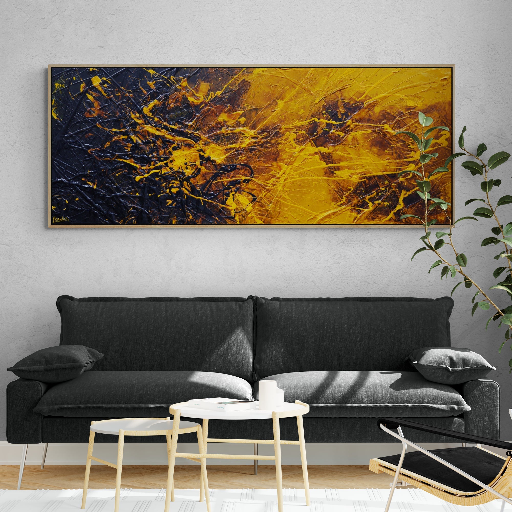 Honey and Sunflower 200cm x 80cm Black Yellow Textured Abstract Painting
