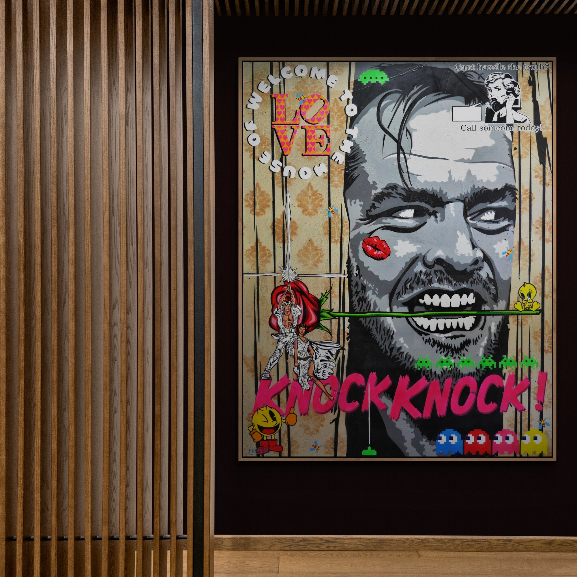 Calling Johnny 140cm x 180cm The Shining Textured Urban Pop Art Painting-Urban Pop Art-[Franko_Artist]-[Australian_artist]-[Gold_Coast]-[Brisbane]-[modern]-[contemporary]-[original]-[Large_artwork]-[The_Block]-[Dream_Homes]-[ideas]-[Grand_Designs]-[Art_Lover]-Franklin Art Studio