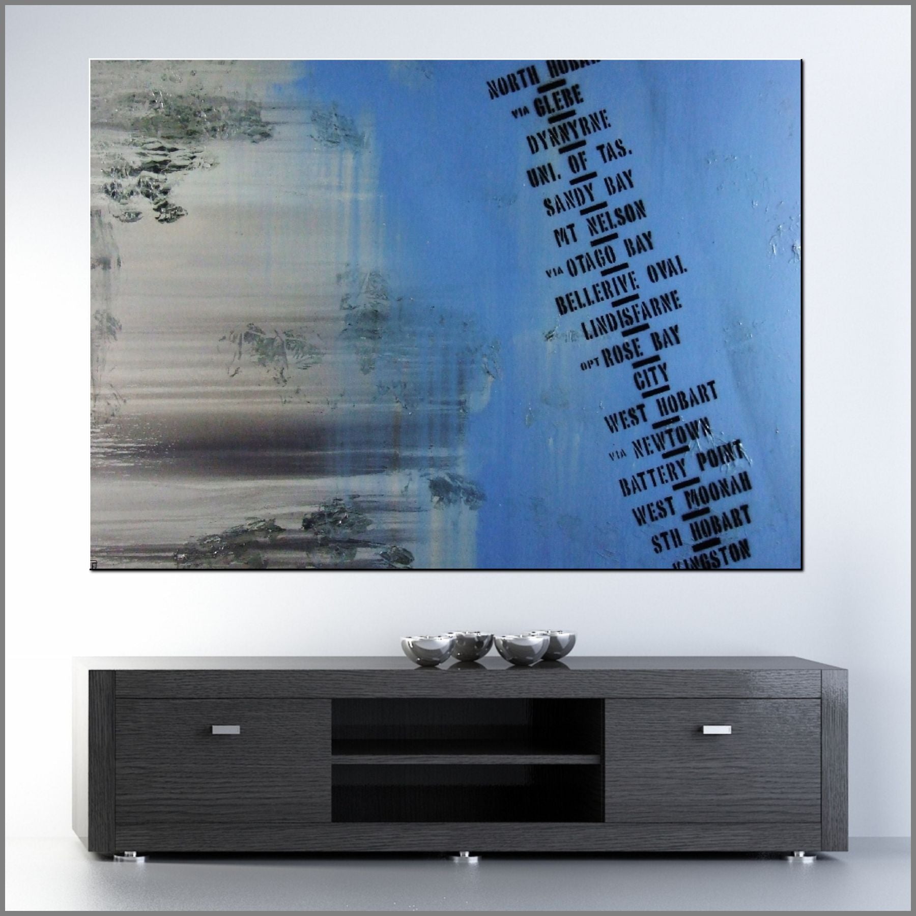 Next Stop Hobart 140cm x 100cm Hobart Blue Urban Pop Art Painting (SOLD)-urban pop-[Franko Artist]-[Australia]-[Huge Artwork]-[collectable]-Franklin Art Studio