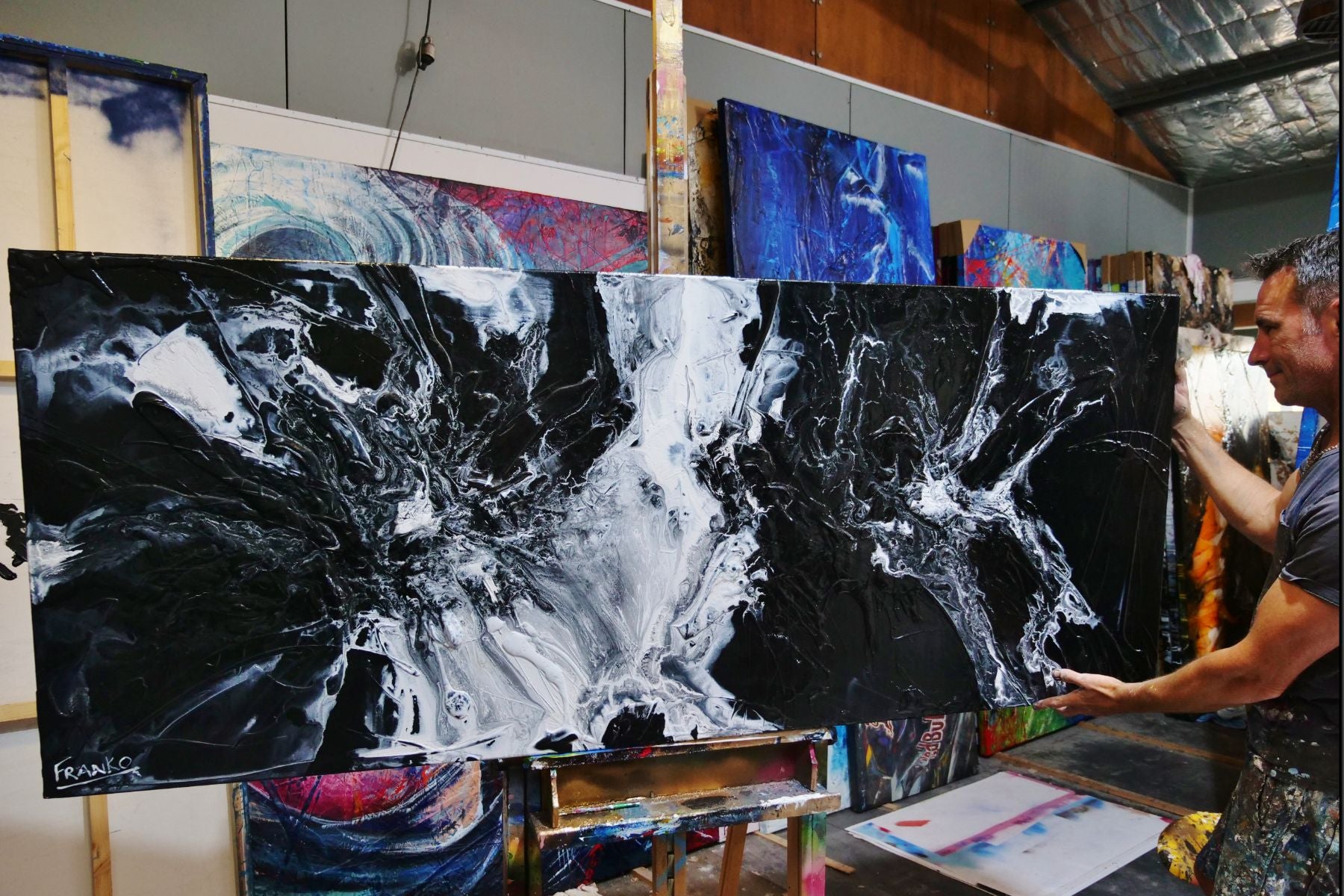 Black Cotton Candy 200cm x 80cm Black White Textured Abstract Painting-Abstract-huge-commission-Art-Franko-Artist-Australian-Franklin Art Studio-gallery