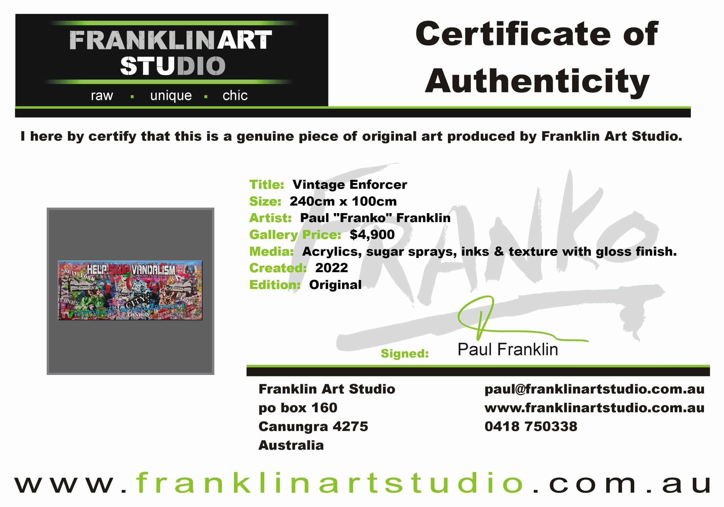 Vintage Enforcer 240cm x 100cm Graffiti Textured Urban Pop Art Painting-Urban Pop Art-[Franko]-[Artist]-[Australia]-[Painting]-Franklin Art Studio