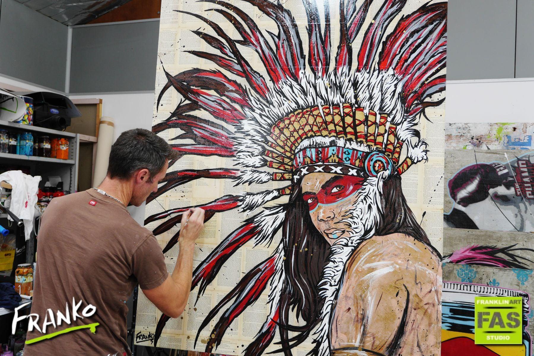 The Warrior 120cm x 150cm Indian Chief Vintage Book Pop art Painting (SOLD)-Abstract-[Franko Artist]-[Gold Coast]-[Brisbane]-[Huge]-Franklin Art Studio