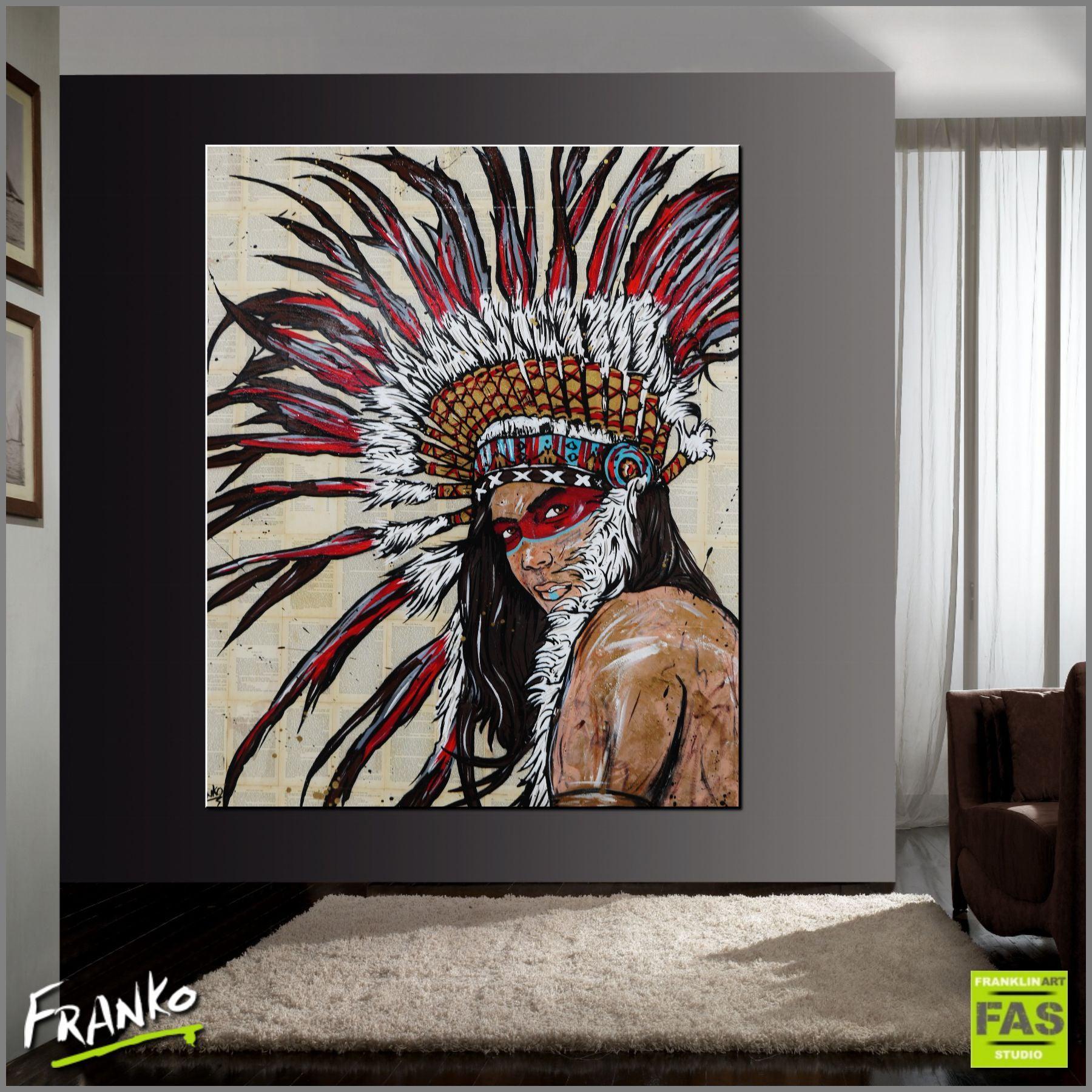 The Warrior 120cm x 150cm Indian Chief Vintage Book Pop art Painting (SOLD)-Abstract-[Franko Artist]-[Australia]-[Huge Artwork]-[collectable]-Franklin Art Studio